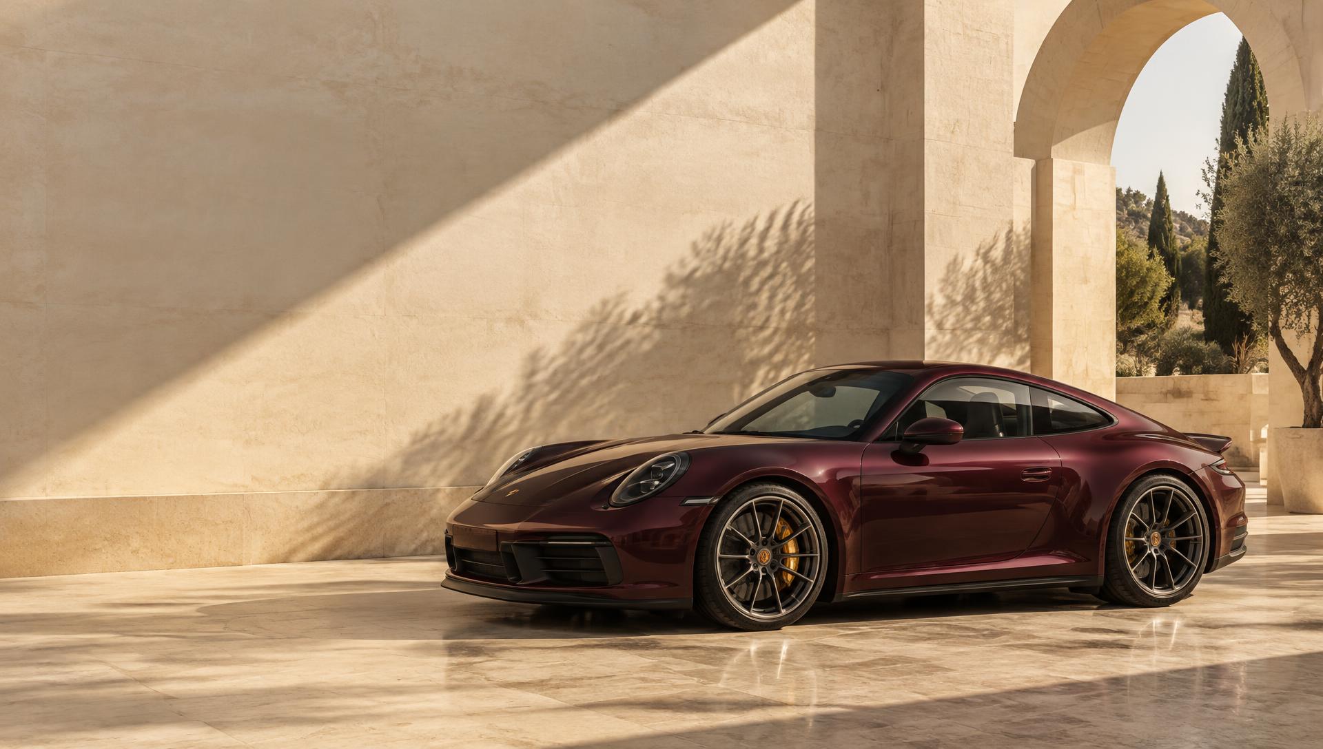 Burgundy sports car in a sunlit architectural courtyard — ALTER EGO editorial concept